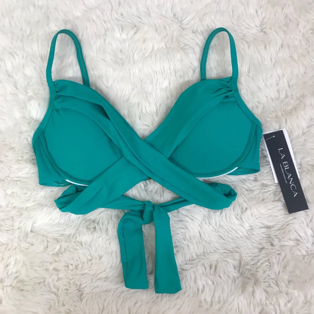 LA BLANCA Teal Island Goddess Wrap Underwire Bikini Top Emerald Green Size 8 New
